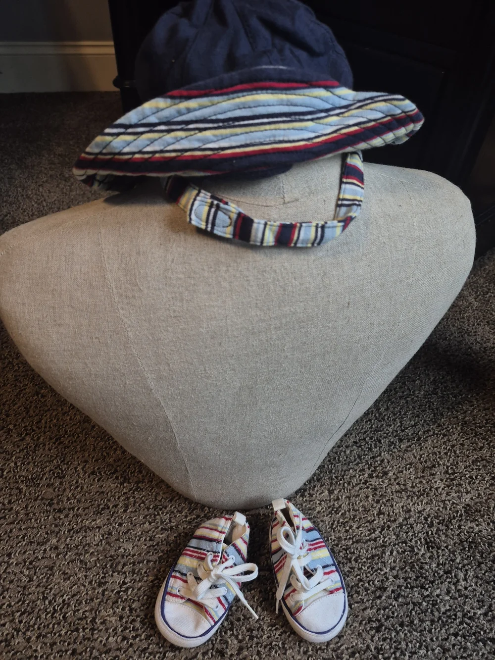 Old Navy Navy, Light Blue, Red and Cream Striped Baby Hat And Shoes